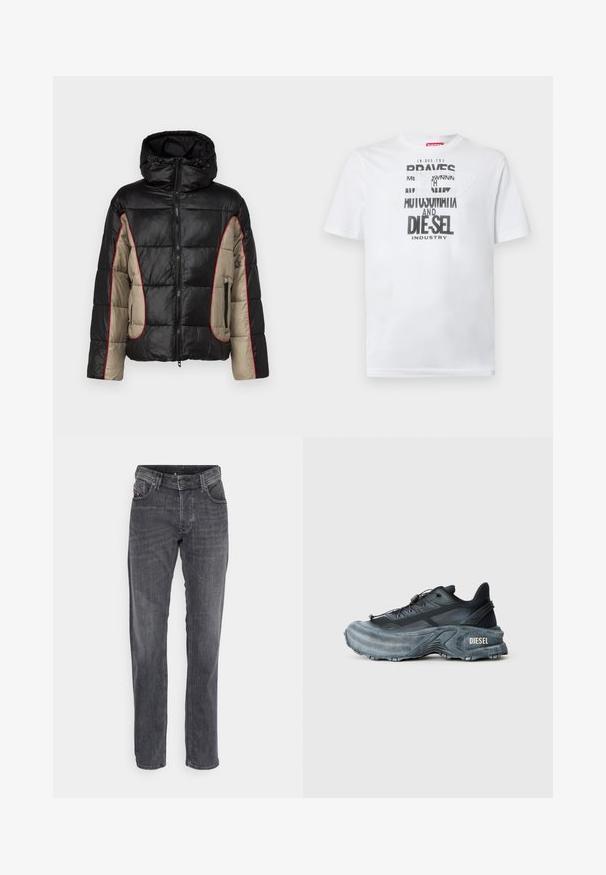 Chaqueta acolchada negra y beige con capucha, que presenta paneles acolchados, costuras rojas de contraste y bolsillos laterales con cremallera.; Camiseta blanca de algodón con tipografía negra audaz que muestra las palabras "BRAVES" y "DIE-SEL INDUSTRY" y un diseño de recorte semitransparente.; Diesel LARKEE - Vaqueros rectos - 02; Zapatilla Diesel en negro y gris con suela gruesa, cierre de cordón y diseño texturizado sobre un fondo liso de color gris claro.