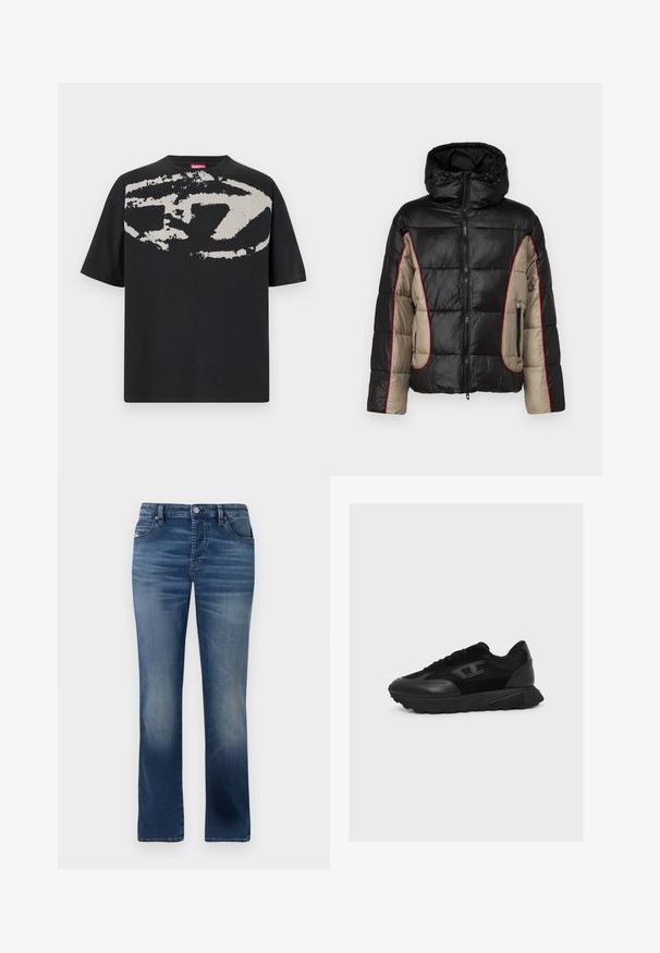 Schwarze und beige Daunenjacke mit Kapuze, ausgestattet mit gesteppten Paneelen, rotem Kontraststepp, und mit Reißverschlüssen versehenen Seitentaschen.; Schwarzes T-Shirt mit einem großen, abstrakten hellgrauen Grafik auf der Vorderseite. Mit kurzen Ärmeln und einem klassischen, runden Halsausschnitt. Aus Baumwolle.; Dunkelblaue Jeans aus Denim mit geradem Bein, ausgestattet mit Fronttaschen, dezentem Verblassen und einem klassischen Knopfverschluss an der Taille.; Schwarzer Low-Top-Sneaker mit Obermaterial aus gemischtem Mesh und Leder, Schnürverschluss und strukturierter Sohle, im rechten Seitenprofil auf weißem Hintergrund gezeigt.