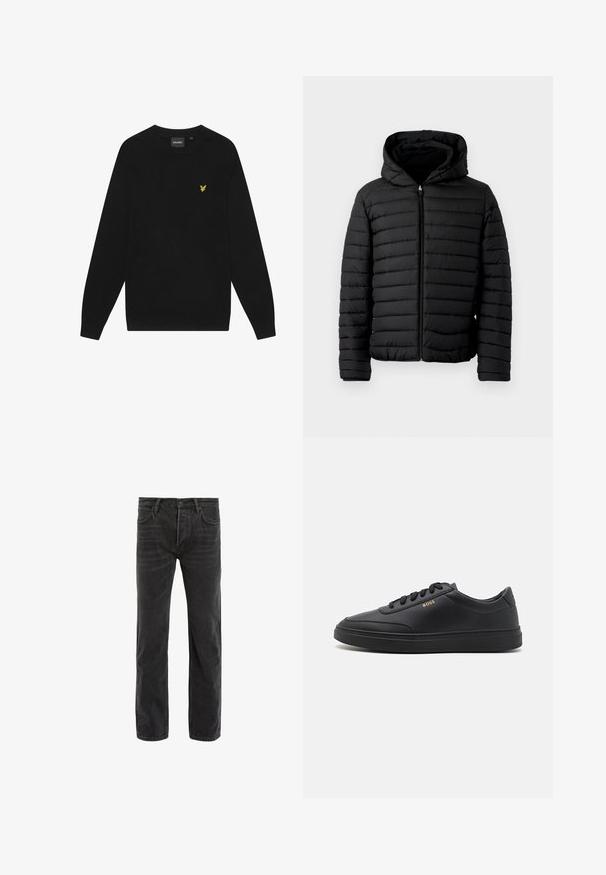 Sort pufferjakke med hætte, med quiltet design, letvægts, fuld lynlås og elastiske manchetter for varme og komfort.; Sort bomulds sweatshirts med lange ærmer og rund hals. Har et lille gult ørnelogo på brystet. Blød tekstur.; Sorte denim jeans med lige ben, fem lomme-design og diskret falming. Indeholder knaplukning og bæltesløjfer.; Sorte lædersneakers med en glat overflade, rund tå, flad gummisål og tonede snørebånd. Udstyret med guld "BOSS" branding på siden.