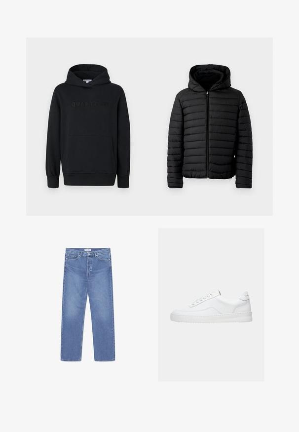 Chaqueta acolchada negra con capucha, con diseño en acolchado, ligera, con cremallera completa y puños elásticos para mayor calidez y comodidad.; Sudadera con capucha negra, fabricada en un tejido suave, diseño tipo pullover, bolsillo canguro frontal, logo en relieve "QUARTZ CO" en el pecho, puños y dobladillo acanalados.; WOOD WOOD WW TYPE 2 DENIM STRAIGHT LEG - Vaqueros rectos - ocean; Zapatilla deportiva blanca de corte bajo con diseño con cordones, parte superior de cuero liso y suela gruesa, vista de lado sobre un fondo liso.