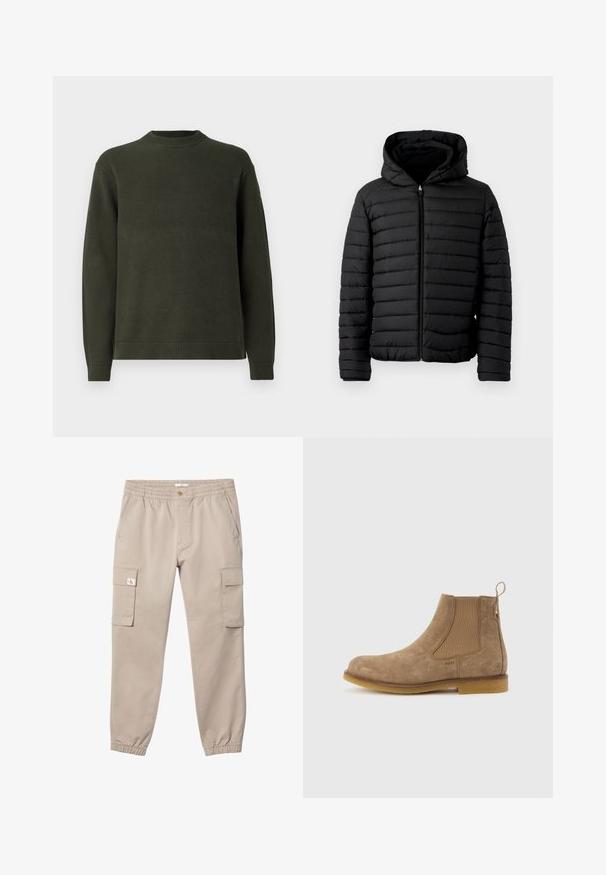 Sort pufferjakke med hætte, med quiltet design, letvægts, fuld lynlås og elastiske manchetter for varme og komfort.; Mørkegrøn strikket sweater med lange ærmer, ribbet rund hals, manchetter og kant, præsenteret på en lys hvid baggrund.; Beige cargobukser med elastisk talje og manchetter, knaplukning, sidelommer og klaplommer på begge lår. Lille logo på venstre lommesklap.; Lysebrun ruskinds Chelsea-støvle med elastiske sidepaneler, træk-flap ved hælen og gummisål.