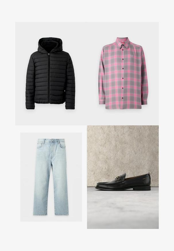 Sort pufferjakke med hætte, med quiltet design, letvægts, fuld lynlås og elastiske manchetter for varme og komfort.; Gråternet knap-up skjorte med lyserøde accenter, lange ærmer, klassisk krave og et logo på den øverste venstre bryst.; Lyseblå jeans med brede ben, fem lommer, knap- og lynlåslukning samt let falmet vask, lagt fladt på en hvid baggrund.; Sort læderloafers med guldfarvet metaldekoration og "HUGO" branding, vist mod en beige tæppe og brunt gennemsigtigt møbel.