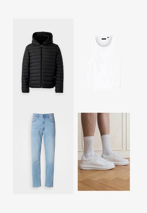 Sort pufferjakke med hætte, med quiltet design, letvægts, fuld lynlås og elastiske manchetter for varme og komfort.; Hvid ærmeløs tanktop lavet af blødt stof med rund halsudskæring og lige kant. Simpelt design uden mønstre eller pynt.; Lys blå denim jeans med lige pasform, fem lommer og bæltestropper. Stoffet har en glat overflade med en let falmningseffekt.; Ben iført hvide ribstrikkede crew-sokker og hvide Karl Lagerfeld sneakers stående på lyst trægulv.