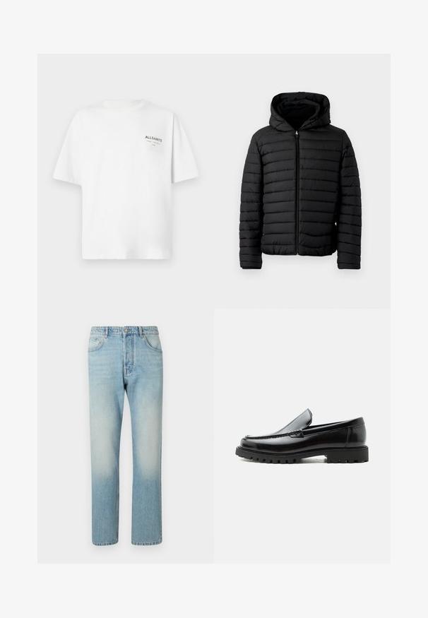 Sort pufferjakke med hætte, med quiltet design, letvægts, fuld lynlås og elastiske manchetter for varme og komfort.; Hvid kortærmet bomulds T-shirt med lille sort "ALLSAINTS" tekst og japanske tegn trykt på venstre bryst.; Lyseblå jeans lavet af denim, med et lige ben-design, fem lomme-struktur og falmet vaskeffekt ved lårene.; Sort læderloafer med chunky gummisål, syet overdel og præget mærkenavn på hælen, vist i sideprofil på hvid baggrund.
