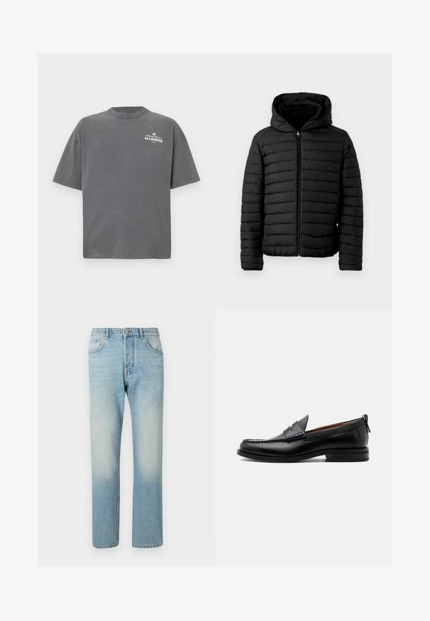 Schwarze Steppjacke mit Kapuze, mit gestepptem Design, leicht, mit durchgehendem Reißverschluss und elastischen Bündchen für Wärme und Komfort.; Dunkelgraues T-Shirt mit kurzen Ärmeln und Rundhalsausschnitt mit kleinem weißen "ALLSAINTS"-Logo auf der oberen linken Brust.; Helle blaue Jeans aus Denim mit geradem Bein, fünf Taschen und einem ausgewaschenen Effekt an den Oberschenkeln.; Schwarzer Leder-Herrenschuh mit Mokassinnaht, Penny-Riemen, strukturiertem Kragen und niedrigem gestapeltem Absatz auf weißem Hintergrund.