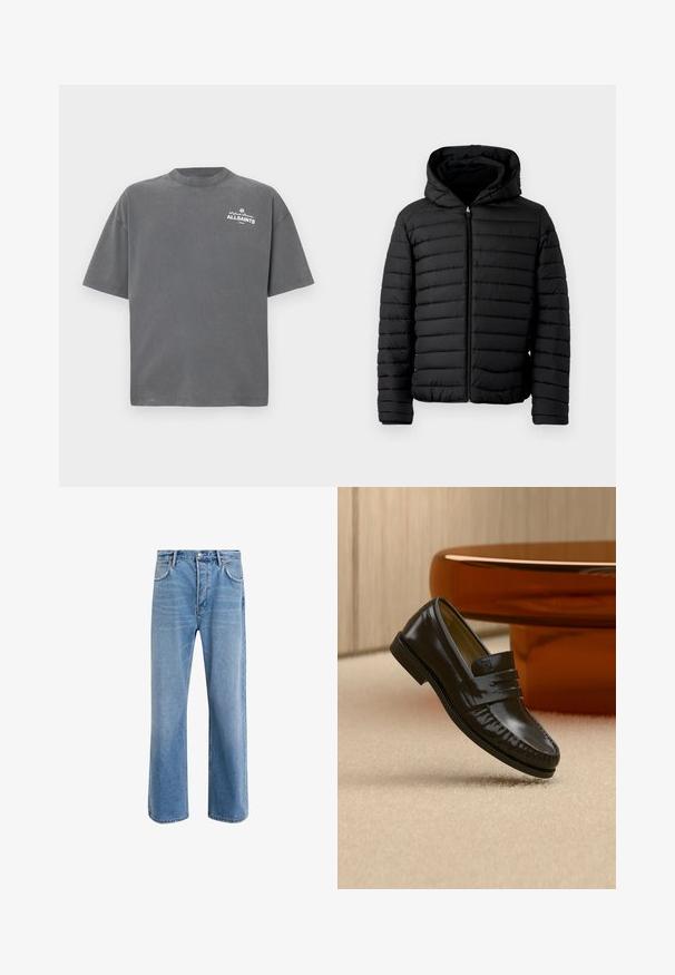 Sort pufferjakke med hætte, med quiltet design, letvægts, fuld lynlås og elastiske manchetter for varme og komfort.; Mørkegrå T-shirt med korte ærmer og rund hals med lille hvid "ALLSAINTS"-logo på øverste venstre bryst.; Lyseblå denim jeans med lige ben-design, fem lommer, knaplukning, minimal falming og kontraststingdetaljer.; Skinnende sort læderloafer med remdetalje, placeret på beige tæppe nær et rundt brunt sofabord i et blødt oplyst rum.