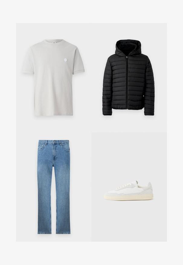 Schwarze Steppjacke mit Kapuze, mit gestepptem Design, leicht, mit durchgehendem Reißverschluss und elastischen Bündchen für Wärme und Komfort.; Helles graues Baumwoll-T-Shirt mit kurzen Ärmeln, rundem Ausschnitt und einem kleinen hexagonalen weißen Logo auf der oberen linken Seite. Glatte Textur.; Hellblaue Jeans aus Denim mit geradem Schnitt, fünf Taschen, einem Reißverschluss und kontrastierender Naht. Der Stoff hat eine glatte, strukturierte Oberfläche.; Weißer Sneaker mit strukturiertem Obermaterial aus Wildleder und Leder. Verfügt über eine runde Zehenpartie, Schnürverschluss und eine kontrastierende beige Gummisohle.