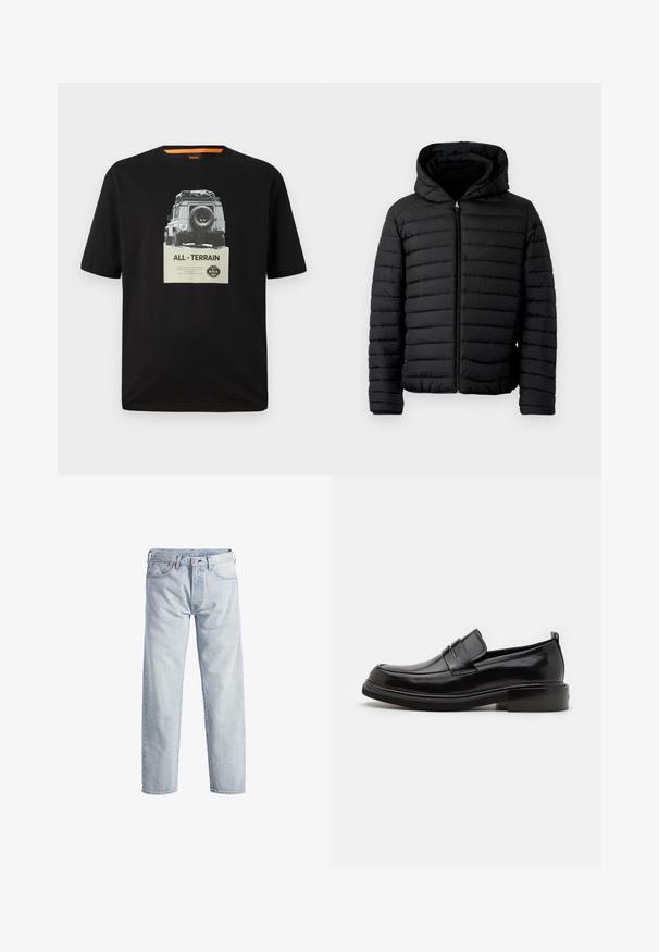 Chaqueta acolchada negra con capucha, con diseño en acolchado, ligera, con cremallera completa y puños elásticos para mayor calidez y comodidad.; Camiseta de algodón negra con cuello redondo, que presenta una impresión gráfica de un vehículo clásico y el texto "TODOTERRENO" en el pecho.; Vaqueros de mezclilla de color azul claro con un diseño de pierna recta, cierre de botón, cinco bolsillos y una textura de desgaste sutil. Presenta detalles de metal.; Calvin Klein MOCCASIN - Mocasines elegantes - black