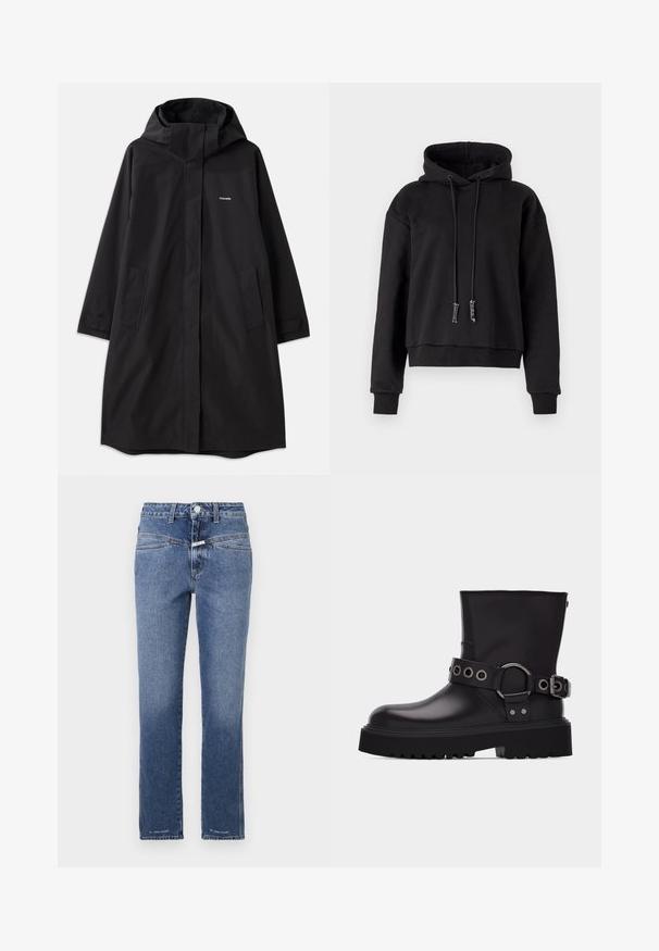 Manteau noir imperméable avec capuche, manches longues, poches latérales et fermeture éclair à l'avant. Présente un design minimaliste avec le logo de la marque sur la poitrine.; Hoodie noir raccourci en tissu doux, doté d'une capuche à cordon, de manches longues et de poignets côtelés au bas et aux manches.; Jeans en denim de couleur bleue intermédiaire, coupe droite, avec une taille mi-haute, cinq poches et des détails de surpiqûres discrets.; Botte en cuir noire mi-mollet avec semelle épaisse à crampons, bride décorative avec œillets en métal argenté et boucle latérale.