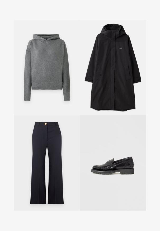 Musthave veekodukaga must veekindel jope, pikkade varrukatega, küljetaskute ja esiketta lukuga. Omab minimalistlikku disaini, kaubamärgi logo rinnal.; Hall hõlmik, mis on valmistatud pehmest ja tekstuurist kangast. Omab kapuutsi, millel on regulatsiooniköied, pikad varrukad ja veidi lühendatud, mugav lõige.; Mustad kõrge vöökohaga kohandatud püksid esikinnise, nööpide ja lukuga, vööaasad ning kergelt lehvitatud sirgete säärtega.; Mustast nahast loafers, millel on mokassiini stiilis pealne, tekstuurse eesmise äärega ja paks must kummitald. Sile viimistlus, ümar nina.