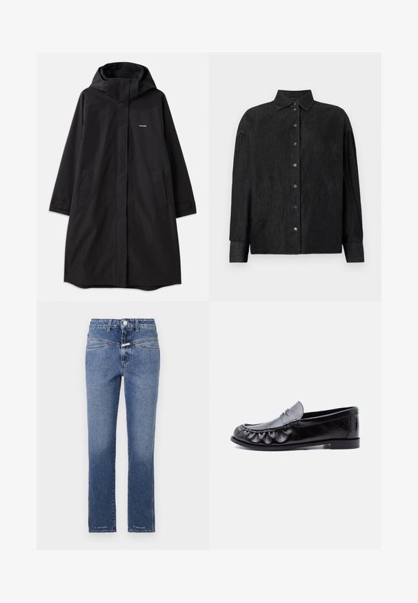 Sort vandtæt jakke med hætte, lange ærmer, sidelommer og frontlynlås. Har et minimalistisk design med brandlogo på brystet.; CLOSED CAPE SHIRT - Skjortebluser - mid grey; Denim jeans i en mellemblå vask, lige ben, med en mellemhøj talje, fem lommer og subtile syninger.; Sort læder herre loafer med penny-rem og detaljeret syning langs den afrundede tå, flad sål og lav hæl.