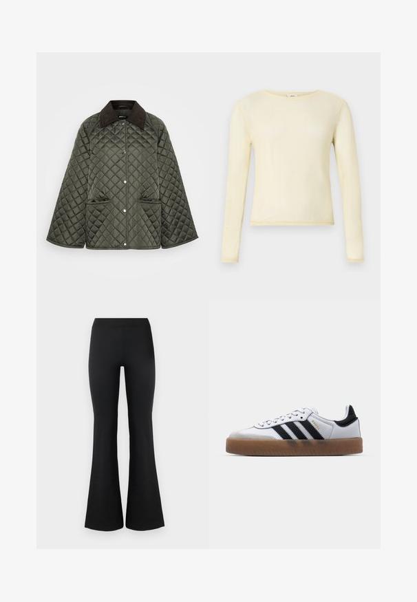 Veste matelassée vert olive avec un col en velours côtelé marron, des boutons-pression et deux poches latérales. Le design est décontracté avec des manches larges.; Haut à manches longues de couleur jaune clair, confectionné dans un tissu lisse. Présente un col rond et une coupe ajustée avec des détails de coutures apparentes.; Pantalons évasés noirs en tissu lisse et extensible. Dotés d'une taille haute et de bords évasés pour un look ajusté. Design simple.; Baskets en cuir blanc avec des rayures noires, semelle extérieure en caoutchouc beige, bout rond, fermeture lacée et embout en suède gris doux.