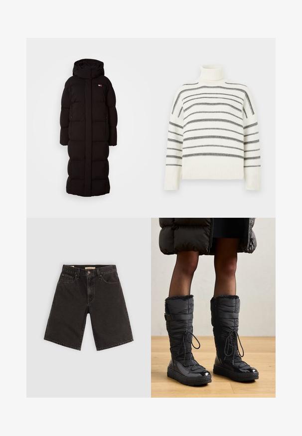 Sort lang pufferjakke med hætte, der har et quilted design, to sidelommer og et lille logo på brystet. Glat tekstur, oversized pasform.; Hvidt turtle neck-sweater med sorte vandrette striber. Har ribbede kanter ved halsen og ærmerne. Blød tekstur, afslappet pasform og strikket design.; Sort denim shorts med lige snit, fem lommer og metaldele, med en tekstureret stof og et standard taljebånd.; Knæhøje sorte pufferstøvler med fake fur kant, skinnende vandtæt overdel, tekstureret sål og justerbar snøre detaljer.