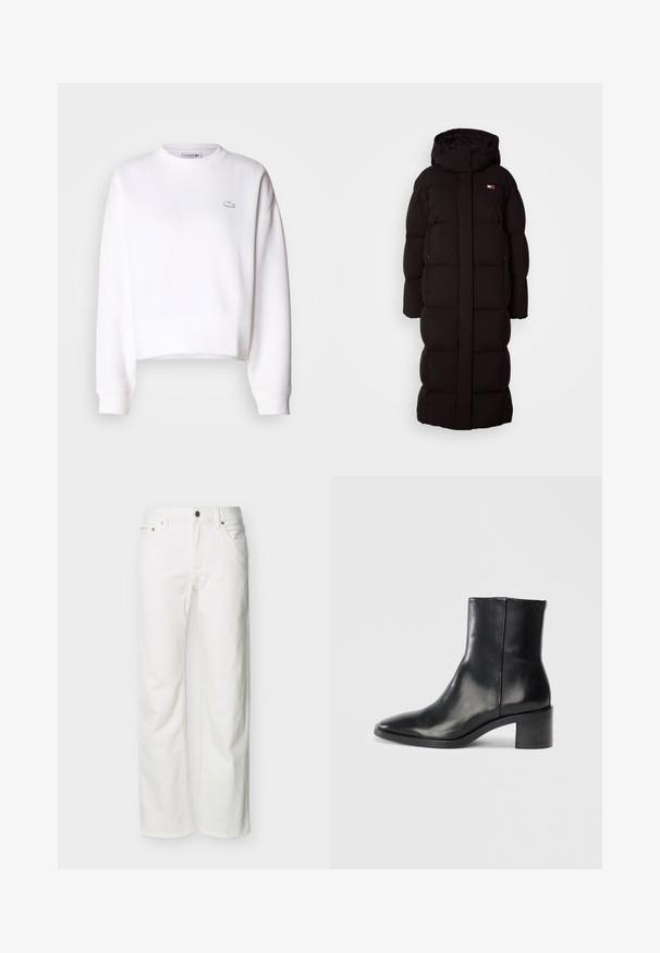Manteau en duvet noir long avec capuche, présentant un design matelassé, deux poches latérales et un petit logo sur la poitrine. Texture lisse, coupe oversize.; Sweatshirt blanc court, en mélange de coton, col rond, manches longues, poignets côtelés, avec un petit logo Lacoste sur la poitrine.; Jean blanc à jambes droites avec poches avant, passants pour ceinture, fermeture par bouton, et coutures visibles sur un fond uni.; Bottine en cuir noir avec un bout pointu, un petit talon bloc et un logo en relief discret. Texture lisse avec un design élégant et un minimum de coutures.