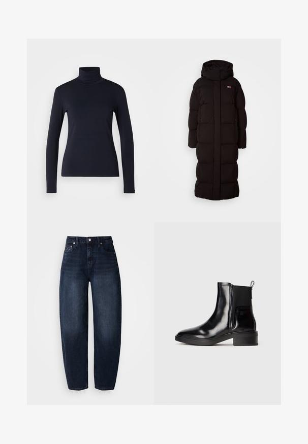 Manteau en duvet noir long avec capuche, présentant un design matelassé, deux poches latérales et un petit logo sur la poitrine. Texture lisse, coupe oversize.; Haut à col roulé bleu marine à manches longues. Fabriqué en tissu doux avec une texture lisse. Présente un design ajusté et un col haut sans coutures visibles.; Jean en denim bleu foncé à coupe décontractée, présentant une taille haute, une coupe droite et un style classique à cinq poches.; Bottine noire en cuir brillant avec panneau élastique sur le côté, languette à l'arrière et petit talon carré sur fond clair.