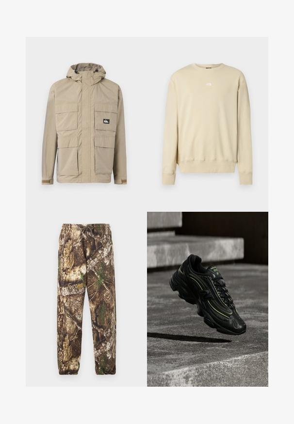 Beige vandtæt jakke med hætte, med lynlås front, fire store frontlommer og justerbare manchetter. Struktureret stof med et rutenetmønster.; Beige sweatshirt med lange ærmer, ribbet manchetter og rund halsudskæring. Har en lille hvid logo på brystet. Blød tekstur.; Camo sweatpants med et brunt og grønt naturligt mønster, der har en elastisk talje med snore og elastiske manchetter ved anklerne.; Sort New Balance sneaker med neon grønne accenter svævende over grå betontrin i dæmpet belysning.