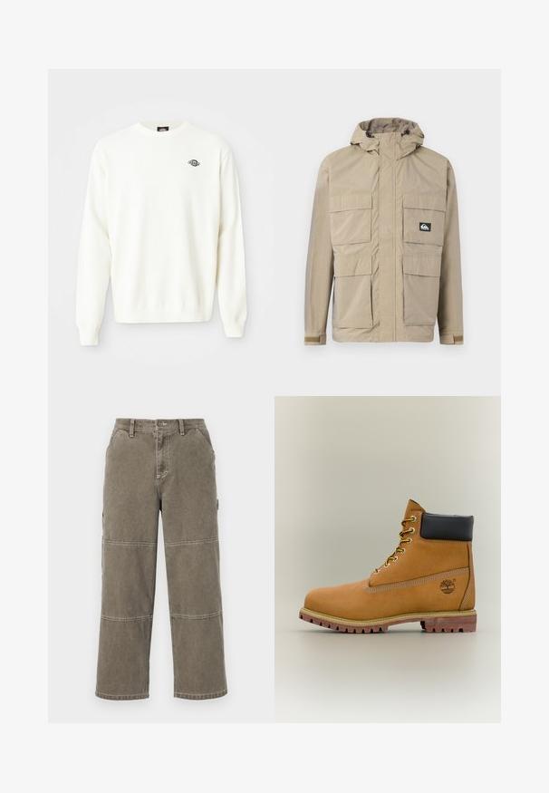 Beige vandtæt jakke med hætte, med lynlås front, fire store frontlommer og justerbare manchetter. Struktureret stof med et rutenetmønster.; Hvid langærmet striktrøje med rund hals og lille sort Dickies-logo på den øverste venstre bryst.; Bomulds cargobukser i dæmpet olivengrøn med brede ben, dobbelt-syede detaljer og sidelommer, med knaplukning og bæltestropper.; Brun læderankelstøvle med sort krave, gule snørebånd og tanfarvet sål. Har logo og hvide syninger som detalje. Robust ydersål med greb.