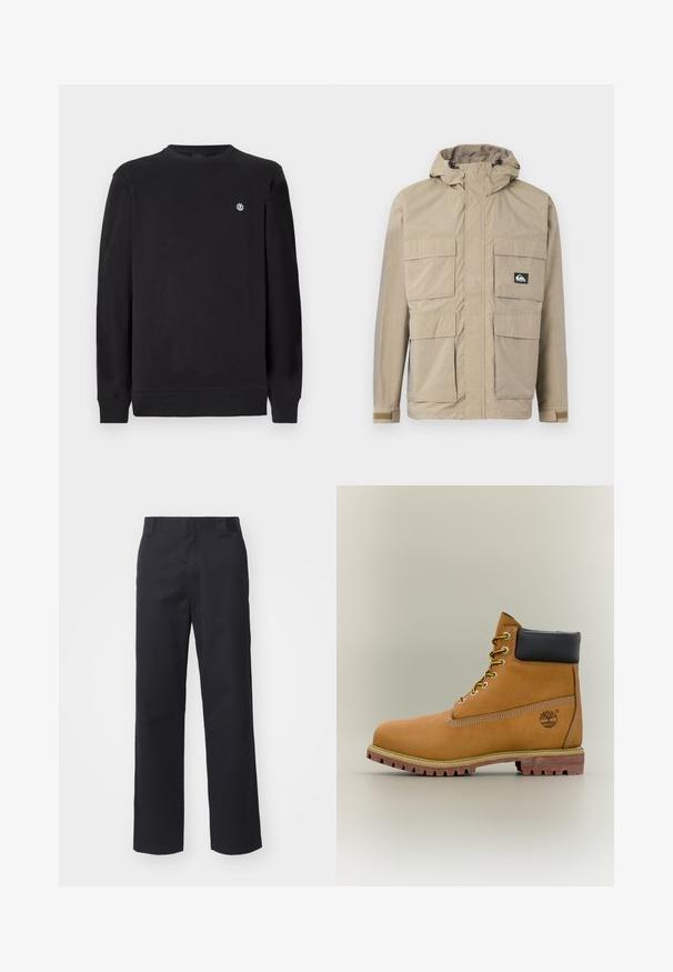 Beige waterdichte jas met een capuchon, voorzien van een rits aan de voorkant, vier grote voorzakken en verstelbare manchetten. Textuurstof met een ruitpatroon.; Zwarte longsleeve sweatshirt met ronde hals en lange mouwen, voorzien van een klein wit rond logo op de linkerborst, ribgebreide boorden en onderrand.; Zwarte rechte broek van een katoenmix. Heeft een platte tailleband met riemlussen en geen zichtbare hardware of versieringen.; Bruine leren enkellaars met zwarte kraag, gele veters en een zandkleurige zool. Voorzien van een logo en witte stikseldetails. Robuuste loopzool met grip.