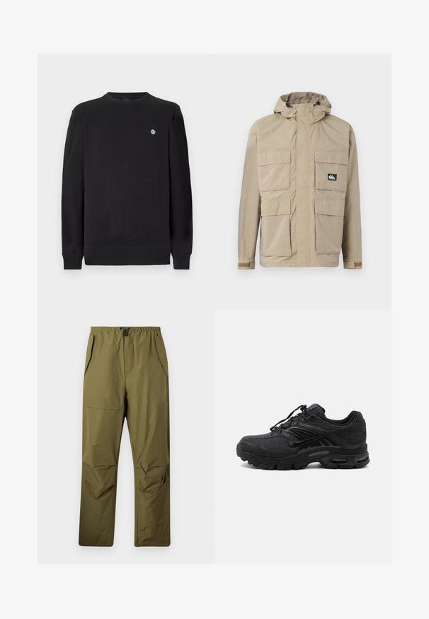 Beige wasserdichte Jacke mit Kapuze, ausgestattet mit einem Reißverschluss vorne, vier großen Fronttaschen und verstellbaren Bündchen. Strukturiertes Material mit einem Karomuster.; Schwarzer Langarm-Crewneck-Sweatshirt mit kleinem weißen runden Logo auf der linken Brust, gerippten Bündchen und Saum.; Olivgrüne gerade geschnittene Hose mit elastischem Bund und Kordelzug, ausgestattet mit Seitentaschen und einer Klapptasche am rechten Oberschenkel.; Schwarzer athletischer Sneaker mit strukturiertem Stoff, dicker gepolsterter Sohle, Luftauslässen und Schnürverschluss, von der Seite auf hellem Hintergrund gezeigt.