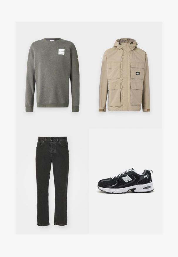 Beige wasserdichte Jacke mit Kapuze, ausgestattet mit einem Reißverschluss vorne, vier großen Fronttaschen und verstellbaren Bündchen. Strukturiertes Material mit einem Karomuster.; Olivgrüner Sweatshirt aus weichem Stoff, mit Rundhalsausschnitt, langen Ärmeln und einem rechteckigen weißen Logo-Patch auf der Vorderseite.; Schwarze Jeans aus Denim mit geradem Bein, klassischem Fünf-Taschen-Design, Knopfverschluss und verblasster Optik. Angenehme Textur, keine sichtbaren Muster.; Schwarze und graue Sportschuhe mit Obermaterial aus Mesh und Wildleder, ausgestattet mit einer weißen Zwischensohle, Schnürsenkeln und einem markanten "N"-Logo an der Seite.