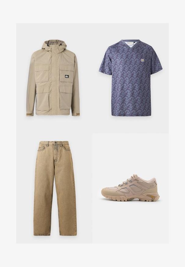 Beige wasserdichte Jacke mit Kapuze, ausgestattet mit einem Reißverschluss vorne, vier großen Fronttaschen und verstellbaren Bündchen. Strukturiertes Material mit einem Karomuster.; Cleptomanicx RELAY - T-Shirt print - nightshadow blue; Beige Denim-Jeans mit geradem Bein, ausgestattet mit einem Reißverschluss, Gürtelschlaufen und kontrastierenden Nähten. Keine auffälligen Muster oder Hardware-Details.; Beige Sport Schuh mit einem strukturierten Mesh-Obermaterial, synthetischen Überzügen und einer Vibram-Sohle. Verfügt über ein Schnürsystem und seitliche Paneeldetails.