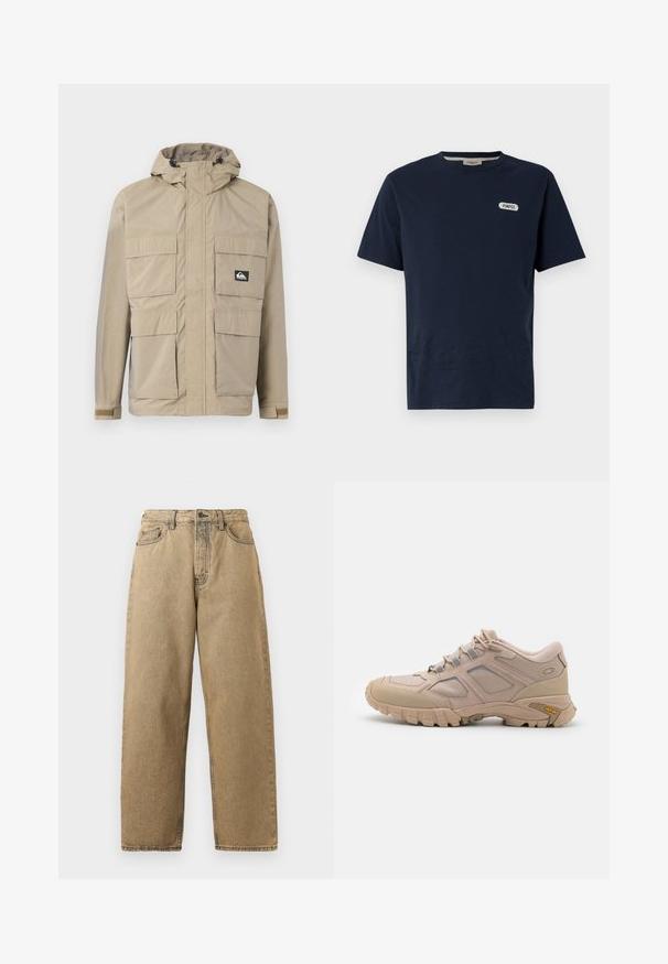 Beige wasserdichte Jacke mit Kapuze, ausgestattet mit einem Reißverschluss vorne, vier großen Fronttaschen und verstellbaren Bündchen. Strukturiertes Material mit einem Karomuster.; Dunkelblaues Baumwoll-T-Shirt mit Rundhalsausschnitt, kurzen Ärmeln und einem weißen "POMPEII"-Logo auf der linken Brustseite. Glatte Textur, lässige Passform.; Beige Denim-Jeans mit geradem Bein, ausgestattet mit einem Reißverschluss, Gürtelschlaufen und kontrastierenden Nähten. Keine auffälligen Muster oder Hardware-Details.; Beige Sport Schuh mit einem strukturierten Mesh-Obermaterial, synthetischen Überzügen und einer Vibram-Sohle. Verfügt über ein Schnürsystem und seitliche Paneeldetails.