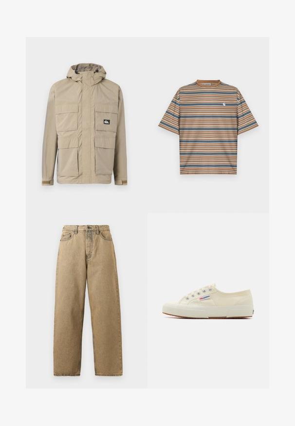 Beige waterdichte jas met een capuchon, voorzien van een rits aan de voorkant, vier grote voorzakken en verstelbare manchetten. Textuurstof met een ruitpatroon.; Bruine gestreepte T-shirt met korte mouwen, voorzien van horizontale strepen in blauw, wit en marineblauw. Heeft een klein wit logo op de borst.; Tan denim jeans met een rechte pijpontwerp, voorzien van een rits, riemlussen en contrasterende stiksels. Geen opvallende patronen of hardwaredetails.; Beige canvas sneaker met een laag profiel, metalen oogjes en rubberen zool. Beschikt over een textuurpatroon en logodetail aan de zijkant.