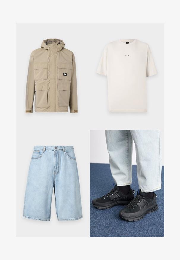 Beige vandtæt jakke med hætte, med lynlås front, fire store frontlommer og justerbare manchetter. Struktureret stof med et rutenetmønster.; Oakley RISE TEE - T-shirts basic - mist; Lys blå denimshorts med løs pasform, der har to forlommer, lynlås og synlige stikninger.; Sorte træningssko med tekstureret stof og gummisåler, udstyret med elastiske snørebånd og en blå detalje på hælen. Bæres med lyse denimbukser.