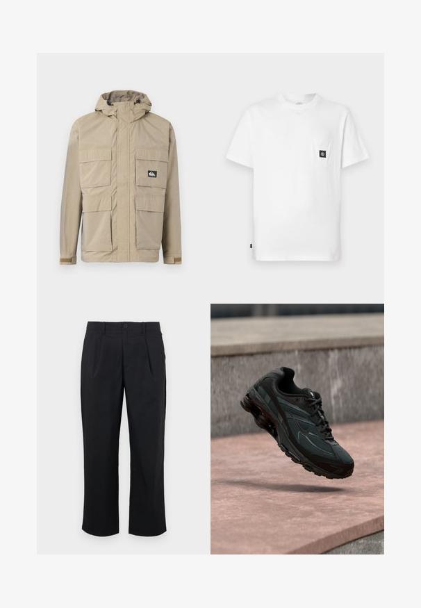 Beige vandtæt jakke med hætte, med lynlås front, fire store frontlommer og justerbare manchetter. Struktureret stof med et rutenetmønster.; Hvid bomulds T-shirt med rund halsudskæring, korte ærmer og en brystlomme med en sort logopatch. Glat tekstur, løs pasform.; Sorte bukser med lige pasform, der har folder foran, knaplukning og en glat stofstruktur.; Sort atletisk sneaker med synligt luftdæmpende mellemsål, der svæver over en pink stenoverflade med en grå stenvæg i baggrunden.