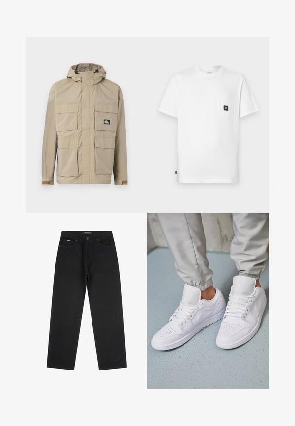 Beige vandtæt jakke med hætte, med lynlås front, fire store frontlommer og justerbare manchetter. Struktureret stof med et rutenetmønster.; Hvid bomulds T-shirt med rund halsudskæring, korte ærmer og en brystlomme med en sort logopatch. Glat tekstur, løs pasform.; Sorte jeans med lige ben, fem lommer, knaplukning og bæltestropper, størrelse 32.; Hvide lædersneakers har en perforeret tåboks, flade snørebånd, polstret krave og Jordan-logoet på tungen. Båret med grå joggers.