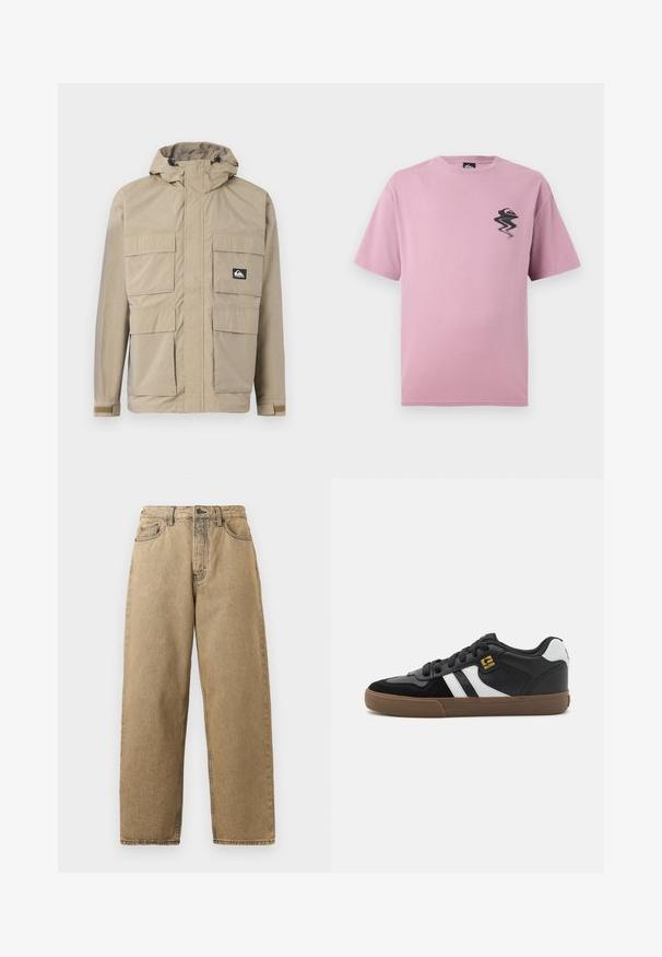 Beige vandtæt jakke med hætte, med lynlås front, fire store frontlommer og justerbare manchetter. Struktureret stof med et rutenetmønster.; Lyselilla t-shirt med korte ærmer og et lille, forvrænget sort og orange logo på venstre bryst.; Tan denim jeans med lige ben-design, der har lynlås, bæltesløjfer og kontraststing. Ingen bemærkelsesværdige mønstre eller hardwaredetaljer.; Sorte og hvide sneakers med overdel i ruskind og læder, der har hvide striber, sorte snørebånd og en brun gummisål. Guld logo detaljer.