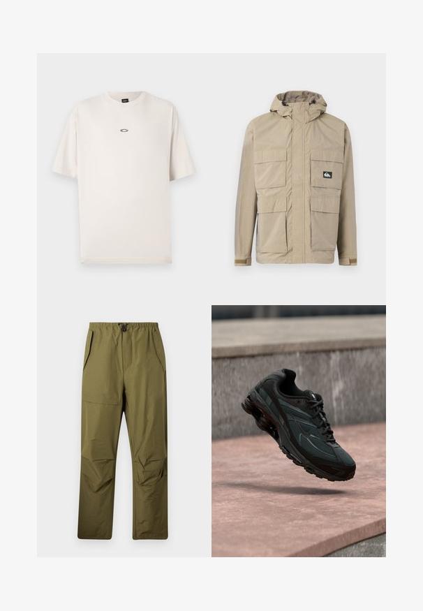 Chaqueta impermeable beige con capucha, con cierre de cremallera al frente, cuatro grandes bolsillos frontales y puños ajustables. Tejido texturizado con un patrón de cuadrícula.; Oakley RISE TEE - Camiseta básica - mist; Pantalones rectos de color verde oliva con cintura elástica y cordón, que cuentan con bolsillos laterales y un bolsillo con solapa en el muslo derecho.; Zapatilla deportiva negra con entresuela visible con amortiguación de aire que flota sobre una superficie de piedra rosa con un fondo de pared de piedra gris.