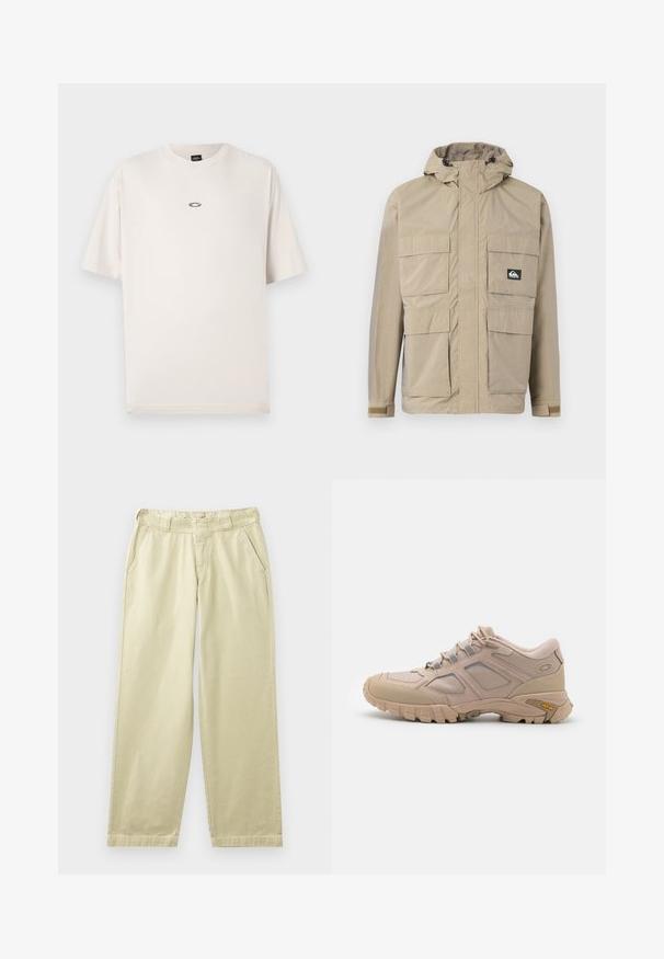 Beige vandtæt jakke med hætte, med lynlås front, fire store frontlommer og justerbare manchetter. Struktureret stof med et rutenetmønster.; Oakley RISE TEE - T-shirts basic - mist; Beige bomuldsbukser med en afslappet pasform, der har sidelommer, bæltestropper og lige ben. Glat tekstur med minimale syningsdetaljer.; Beige sportsko med en tekstureret mesh-overdel, syntetisk overlay og en Vibram-sål. Har snøresystem og detaljer på sidepanelet.