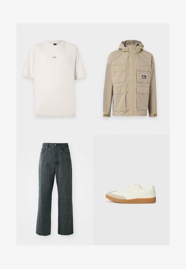 Veste imperméable beige avec capuche, dotée d'un zip à l'avant, de quatre grandes poches à l'avant et de poignets réglables. Tissu texturé avec un motif en grille.; Oakley RISE TEE - T-shirt basique - mist; Jean en denim gris foncé à jambes larges, doté d'une taille haute, d'un design à cinq poches et d'une texture légèrement délavée.; Baskets en cuir blanc avec une coque beige et une semelle en caoutchouc marron clair. Dotées de lacets blancs plats et d'un logo embossé sur le côté.