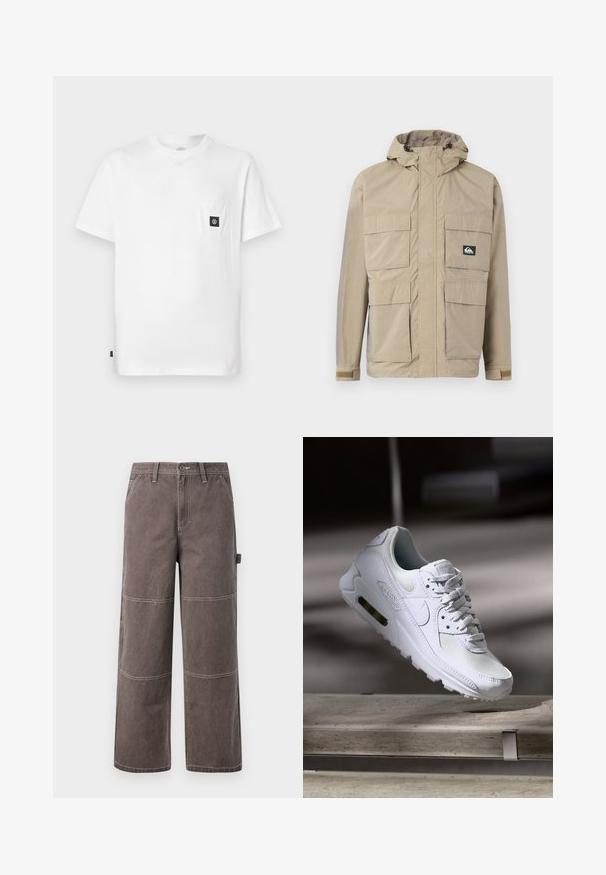 Beige waterdichte jas met een capuchon, voorzien van een rits aan de voorkant, vier grote voorzakken en verstelbare manchetten. Textuurstof met een ruitpatroon.; Witte katoenen T-shirt met een ronde hals, korte mouwen en een borstzakje met een zwarte logo-patch. Gladde textuur, losse pasvorm.; Wijd been broek in een vervaagde bruine kleur, gemaakt van duurzaam materiaal met contrasterende stiksels. Kenmerkt paneeldetails en een zijzak.; Witte Nike Air Max 90 sneaker met een bovenwerk van mesh en leer, een geperforeerde teenbox en een zichtbare luchtunit in de hiel.
