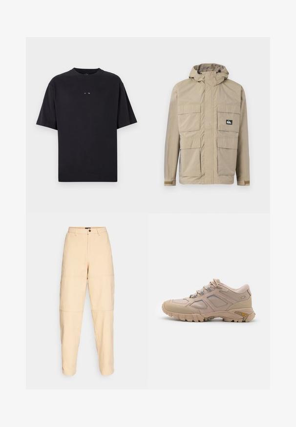 Beige wasserdichte Jacke mit Kapuze, ausgestattet mit einem Reißverschluss vorne, vier großen Fronttaschen und verstellbaren Bündchen. Strukturiertes Material mit einem Karomuster.; Oakley RISE TEE - T-Shirt basic - blackout; Beige, hochsitze Hose aus Baumwolle. Verfügt über Taschen, einen Knopfverschluss und markante Steppnähte an den Knien. Schmal geschnittenes Bein.; Beige Sport Schuh mit einem strukturierten Mesh-Obermaterial, synthetischen Überzügen und einer Vibram-Sohle. Verfügt über ein Schnürsystem und seitliche Paneeldetails.
