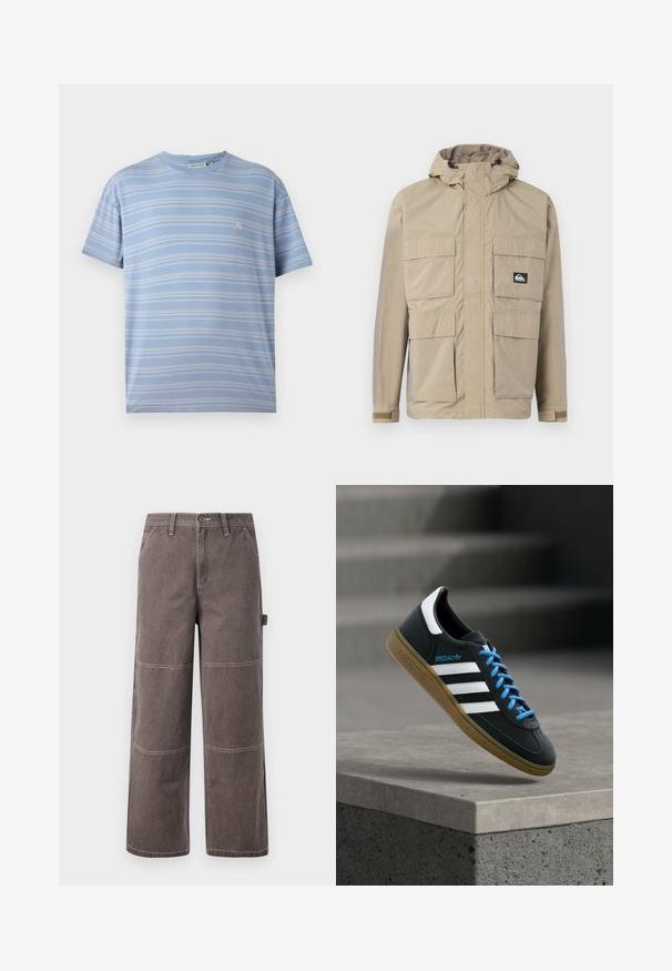 Beige wasserdichte Jacke mit Kapuze, ausgestattet mit einem Reißverschluss vorne, vier großen Fronttaschen und verstellbaren Bündchen. Strukturiertes Material mit einem Karomuster.; Hellblau gestreiftes T-Shirt mit horizontalen weißen Streifen, Rundhalsauschnitt und einem kleinen rosa Logo auf der linken Brustseite. Weicher Baumwollstoff.; Weite Hosen in einem verblassten Braunton, aus strapazierfähigem Stoff mit kontrastierenden Nähten. Mit Paneeldetails und einer Seitentasche.; Schwarzer Adidas-Sneaker mit weißen Streifen, blauen Schnürsenkeln und Gummisohle, der über einer grauen Betontreppe im weichen Licht schwebt.
