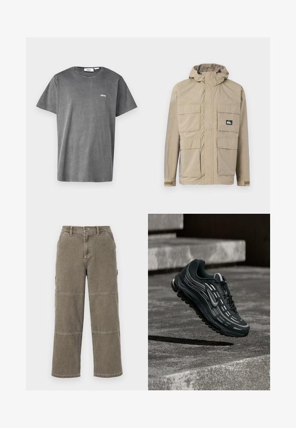 Beige wasserdichte Jacke mit Kapuze, ausgestattet mit einem Reißverschluss vorne, vier großen Fronttaschen und verstellbaren Bündchen. Strukturiertes Material mit einem Karomuster.; Graues Baumwoll-T-Shirt mit kurzen Ärmeln, Rundhalsausschnitt und kleinem weißen "obey"-Logo auf der Brust. Glatte Textur, lässiges Design.; Baumwoll-Cargohosen in gedämpftem Olivgrün mit weitem Bein, doppelten Nähnähten und seitlichen Taschen, ausgestattet mit einem Knopfverschluss und Gürtelschlaufen.; Schwarzer und grauer Nike Air Max Sneaker, der über graue Betonstufen mit strukturiertem Bodenhintergrund schwebt.