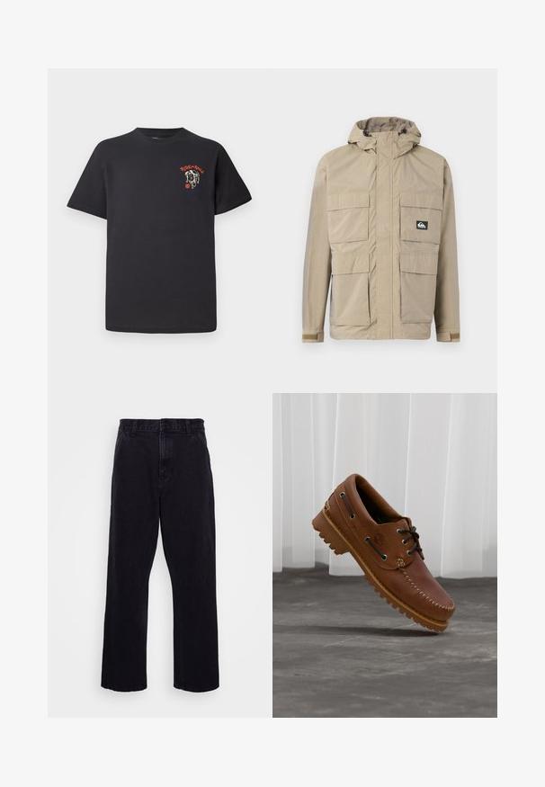 Beige wasserdichte Jacke mit Kapuze, ausgestattet mit einem Reißverschluss vorne, vier großen Fronttaschen und verstellbaren Bündchen. Strukturiertes Material mit einem Karomuster.; Schwarzes Baumwoll-T-Shirt mit rundem Ausschnitt, kurzen Ärmeln und einem grafischen Design eines Hundegesichts mit roten Akzenten auf der Brust.; Schwarze Jeanshose mit geradem Bein, ausgestattet mit einem Knopf- und Reißverschluss, Gürtelschlaufen und minimalen Nähdetails.; Brauner Leder-Bootsschuh mit schwarzen Schnürsenkeln, beigen Nähten und einer robusten Sohle, schwebt über einem grauen Betonboden.