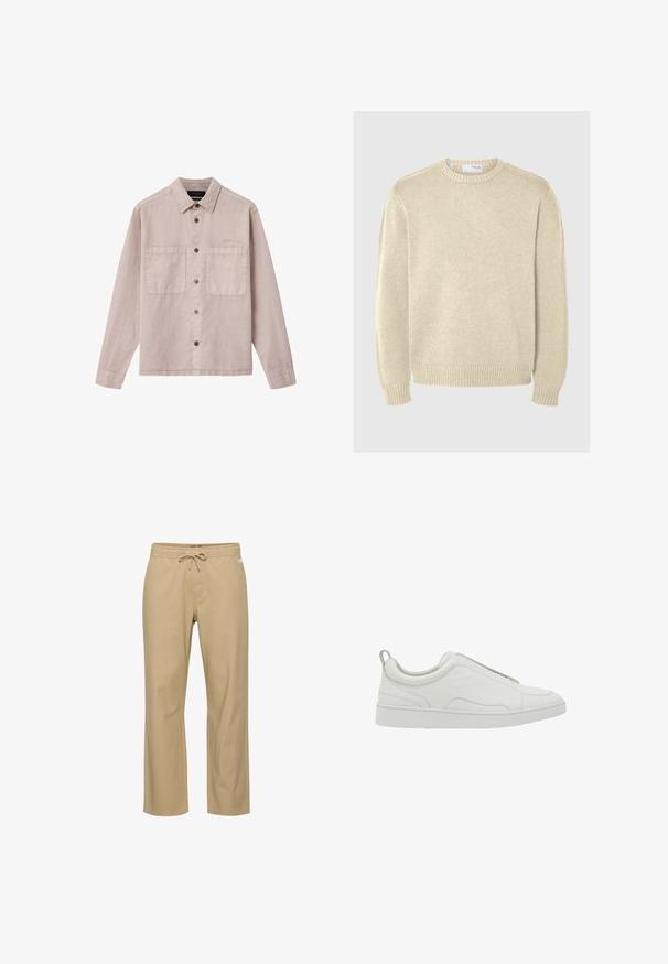 Lysebeige skjorte med knapper lavet af blødt stof, med spidst krave, to brystlommer og sorte knapper. Diskret broderet logo på lommen.; Lys beige striktrøje med rund halsudskæring, lange ærmer, ribbede manchetter og kant. Glat tekstur med et mellemtykt mønster.; Beige bomuldsbukser med afslappet pasform, elastik i taljen og snøre. Har sidelommer og lige ben. Ingen synlige mønstre.; Hvid lavtop sneaker med slip-on design, polstret krave og trækstrop ved hælen, med en tyk gummisål og glat læderoverdel.