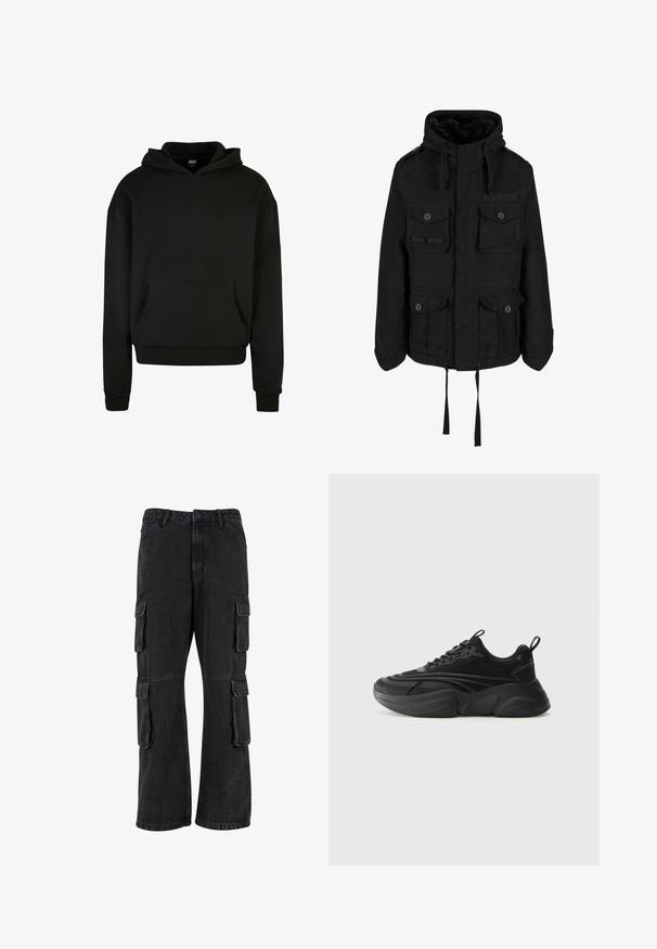 Veste à capuche noire en tissu doux avec quatre poches sur le devant, ourlet ajustable à cordon de serrage et doublure texturée. Comprend des accents en bouton.; Sweatshirt à capuche noir fabriqué en tissu doux, avec une poche avant, des poignets côtelés et une coupe décontractée.; Pantalons cargo noirs en denim, dotés d'une coupe ample, de plusieurs poches latérales et de détails cousus. La texture est légèrement usée.; Des chaussures de sport noires avec une semelle arrondie, une tige texturée et un col rembourré. Elles disposent de lacets, d'une languette et d'éléments de design superposés.