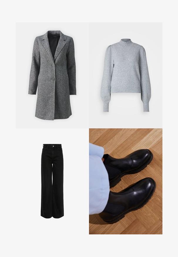 ONLY ONLSEDONA - Kurzmantel - dark grey melange; Hellgrauer Pullover mit hohem Kragen, langen Puffärmeln und gerippten Bündchen und Saum. Hergestellt aus weichem, strukturiertem Stoff.; Schwarze Denim-Jeans mit weitem Bein und hoher Taille, fünf Taschen-Design und silbernen Beschlägen. Der Stoff hat eine glatte, leicht strukturierte Oberfläche.; Schwarze Knöchelstiefel aus glattem Leder mit elastischen Seiteneinsätzen, einer strukturierten Gummisohle und kontrastierenden Nähten entlang der Kante.