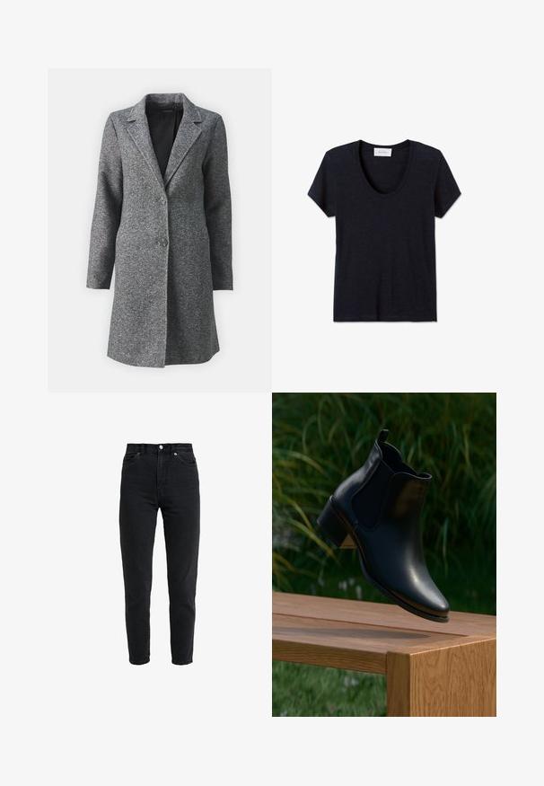 ONLY ONLSEDONA - Halflange jas - dark grey melange; Donkerblauw T-shirt met ronde hals en korte mouwen, effen ontwerp, plat gelegd op een witte achtergrond.; High-waist zwarte spijkerbroek met voorste knoop en rits, twee voorzakken en taps toelopende pijpen op een witte achtergrond.; Zwarte leren enkellaars met een spitse neus, elastische zijpanelen en een gestapelde hak, zwevend boven een houten oppervlak met groen in de achtergrond.