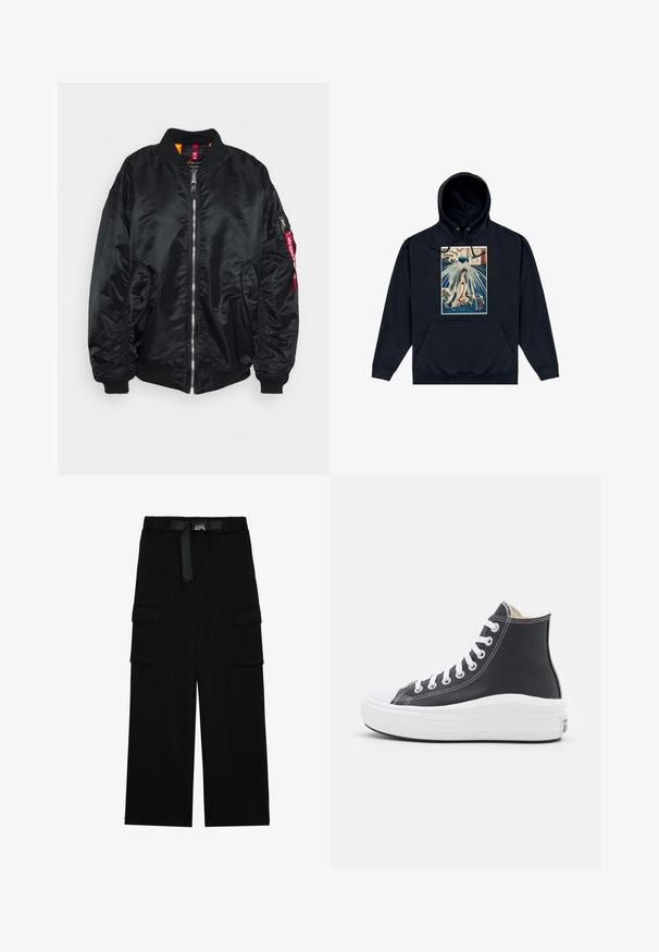 Chaqueta bomber negra de material suave y brillante. Presenta un cierre delantero de cremallera, puños de canalé, bolsillos laterales y un bolsillo en la manga con cremallera y una etiqueta roja.; Sudadera negra con un gráfico central que presenta una ilustración de estilo japonés de una figura entre olas y nubes. Cuerdas en la capucha.; Pantalones cargo negros con un diseño de pierna ancha, cinturilla elástica con un cinturón y dos grandes bolsillos laterales para almacenamiento.; Zapatilla alta negra con cordones blancos y suela de goma. Presenta una textura de cuero suave y detalles de costura blanca.