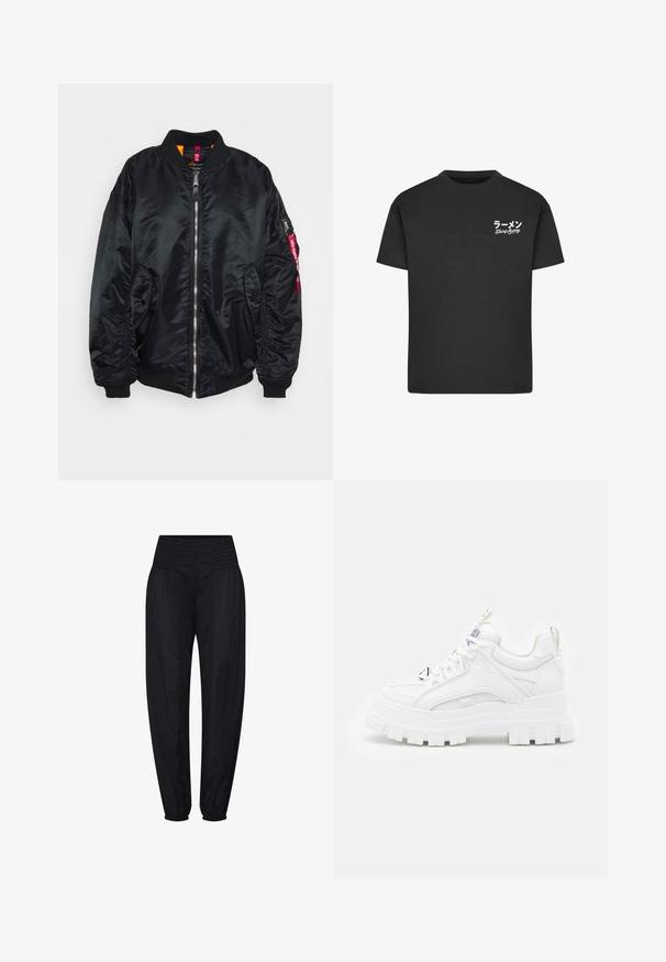 Chaqueta bomber negra de material suave y brillante. Presenta un cierre delantero de cremallera, puños de canalé, bolsillos laterales y un bolsillo en la manga con cremallera y una etiqueta roja.; Camiseta de algodón negra con cuello redondo. Presenta texto en blanco, incluyendo caracteres japoneses y "Slurp Away", en el área del pecho izquierdo.; Pantalones negros de tiro alto con cintura fruncida y puños elásticos recogidos, ajuste suelto en las caderas y piernas estrechas.; Zapatillas deportivas blancas y gruesas con un revestimiento texturizado, cuello acolchado y suela gruesa y estriada. Presentan cordones negros en contraste y un detalle de marca.