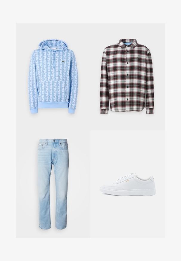 Chemise à carreaux à boutons en rouge foncé, noir et blanc ; tissu en mélange de coton ; présente un col rabattu et des boutons noirs ; logo sur la poitrine.; Hoodie bleu à motif géométrique, avec poche avant et capuche à cordon. Fabriqué en tissu doux avec des poignets et un ourlet côtelés.; Jean en denim bleu clair, à coupe droite, avec des sections décolorées, design à cinq poches et fermeture à bouton classique.; Baskets blanches en cuir avec une texture lisse, bout rond et coutures tonales. Possède des lacets bleus et un logo doré sur le côté.