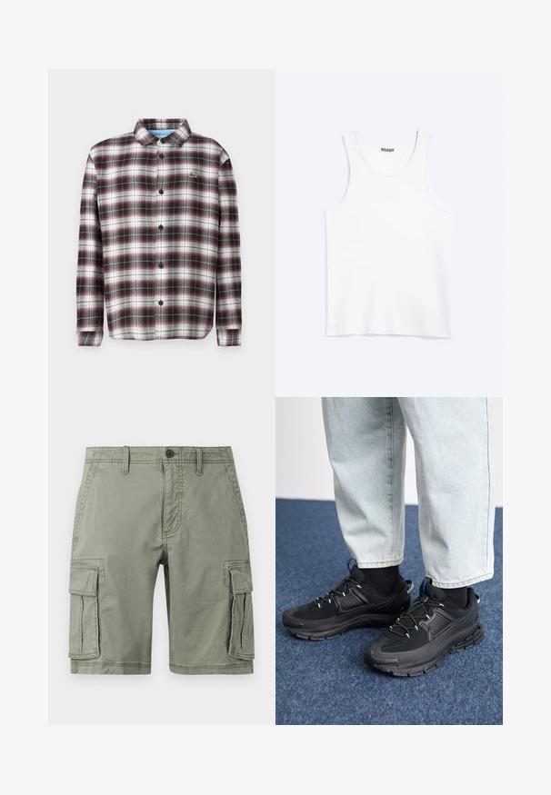 Chemise à carreaux à boutons en rouge foncé, noir et blanc ; tissu en mélange de coton ; présente un col rabattu et des boutons noirs ; logo sur la poitrine.; Débardeur blanc sans manches avec col rond et étiquette de la marque Weekday à l'intérieur du col arrière, présenté à plat sur un fond clair.; Shorts cargo verts en mélange de coton, dotés de deux poches latérales, fermeture à bouton et coupe droite.; Des chaussures de sport noires avec un tissu texturé et des semelles en caoutchouc, dotées de lacets élastiques et d'un accent bleu au talon. Portées avec un pantalon en denim clair.