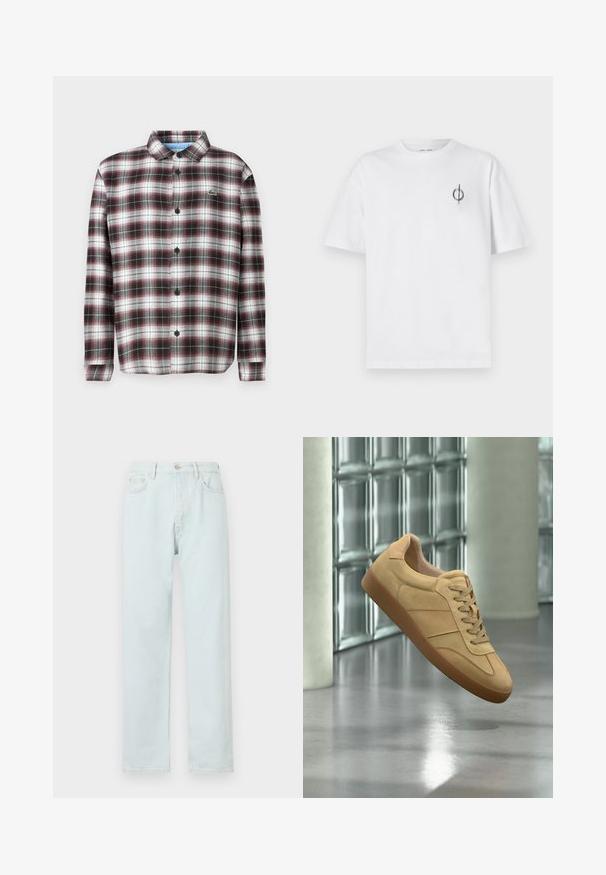 Karierte Button-Up-Hemd in Dunkelrot, Schwarz und Weiß; Material aus Baumwollmischung; mit umklappbarem Kragen und schwarzen Knöpfen; Logo auf der Brust.; Weißes Baumwoll-T-Shirt mit lockerer Passform, das ein kleines schwarzes Grafiklogo auf der linken Brustseite aufweist. Kurze Ärmel, Rundhalsausschnitt.; Helleblau geradlinige Jeans aus Denim mit Knopfverschluß, dezentem Used-Look und Fünf-Taschen-Design.; Beiger Veloursleder-Sneaker mit Gummisohle, Schnürdesign, schwebt drinnen auf poliertem Betonboden nahe einer Glassteinwand.