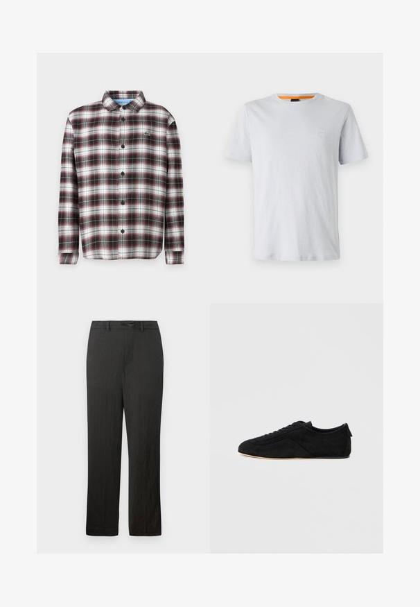 Karierte Button-Up-Hemd in Dunkelrot, Schwarz und Weiß; Material aus Baumwollmischung; mit umklappbarem Kragen und schwarzen Knöpfen; Logo auf der Brust.; Hellgraues T-Shirt mit kurzen Ärmeln aus Baumwolle, das ein kleines Logopatch auf der Brust und einen kontrastierenden orangefarbenen Akzent am Halsausschnitt aufweist.; Schwarze, gerade geschnittene Hose mit glatter Textur, ausgestattet mit einem Kordelzugbund und einem subtilen, leichten Stoff.; Schwarzer Wildleder-Low-Top-Sneaker mit Schnürung vorne und beiger Sohle, von der Außenseite auf hellem grauem Hintergrund dargestellt.