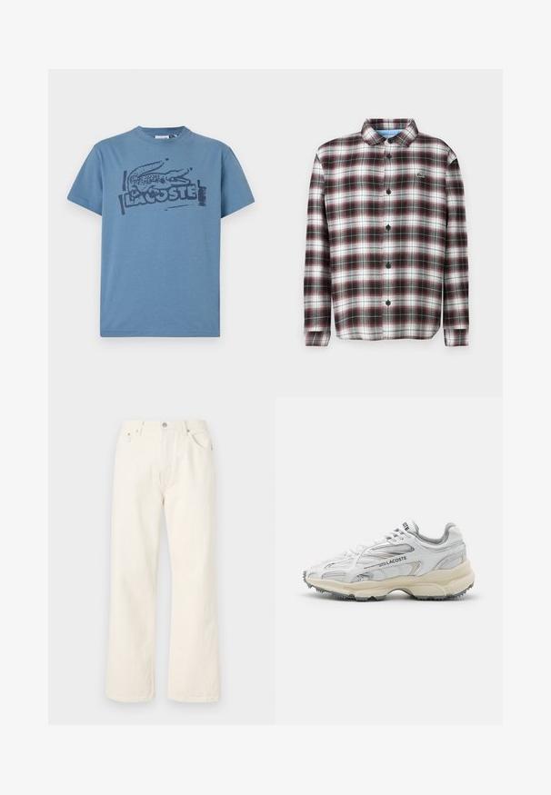 Karierte Button-Up-Hemd in Dunkelrot, Schwarz und Weiß; Material aus Baumwollmischung; mit umklappbarem Kragen und schwarzen Knöpfen; Logo auf der Brust.; Blaues Baumwoll-T-Shirt mit einem dunklen bedruckten Krokodil-Logo und dem Text "LACOSTE". Rundhalsausschnitt, kurze Ärmel, lockere Passform.; Cremfarbene Schlagjeans aus Denim, mit einem klassischen Fünf-Taschen-Design und einem Metallknopfverschluss an der Taille.; Weiße Sportschuhe mit grauen Akzenten, Obermaterial aus Mesh und Synthetik, Schnürdesign und rutschfester Gummisohle mit Strukturmustern.